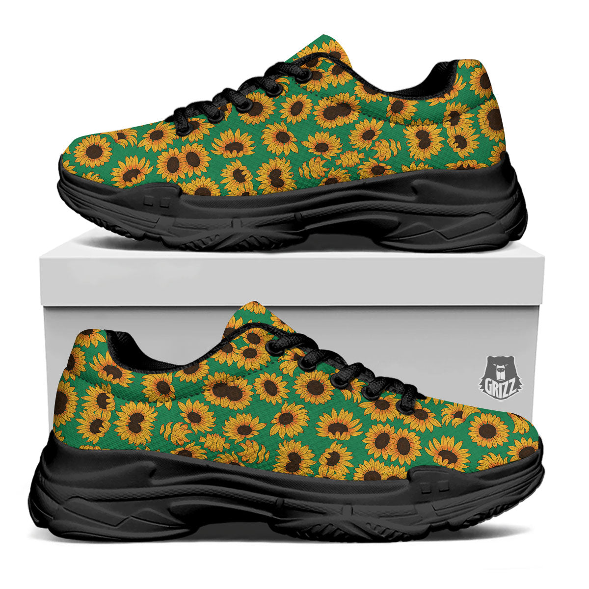 Sunflower Green Print Pattern Black Chunky Shoes-grizzshop