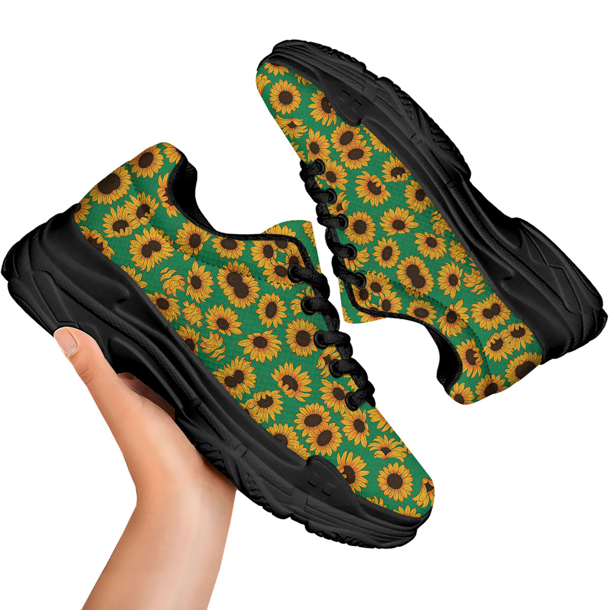 Sunflower Green Print Pattern Black Chunky Shoes-grizzshop