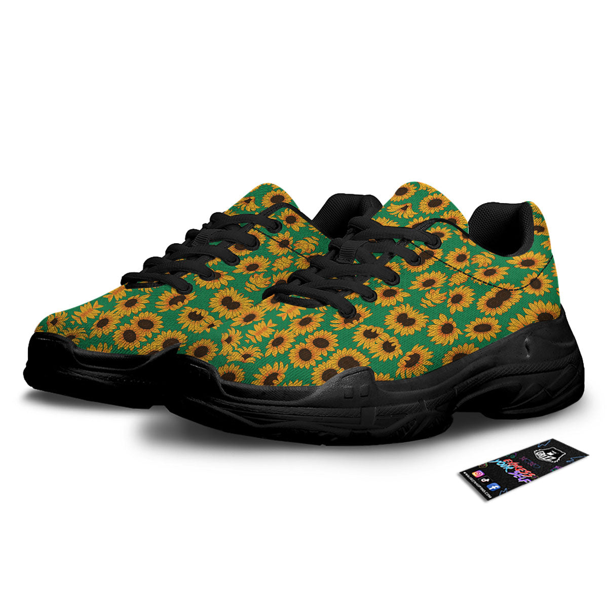 Sunflower Green Print Pattern Black Chunky Shoes-grizzshop