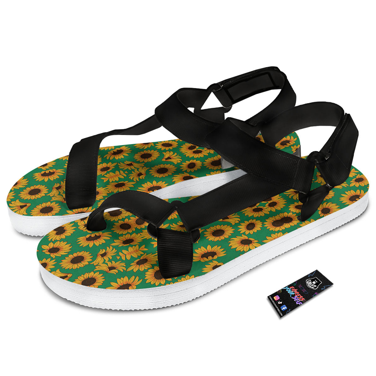 Sunflower Green Print Pattern Black Open Toe Sandals-grizzshop