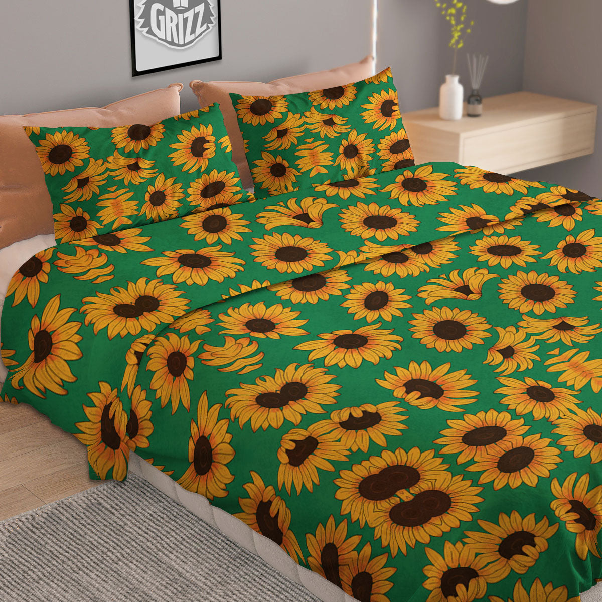 Sunflower Green Print Pattern Duvet Cover Bedding Set
