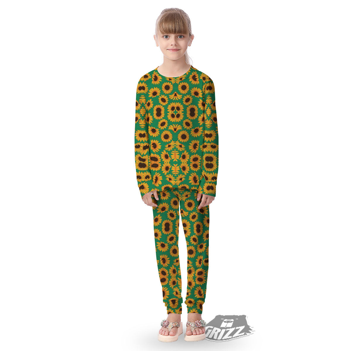 Sunflower Green Print Pattern Kid's Pajamas-grizzshop