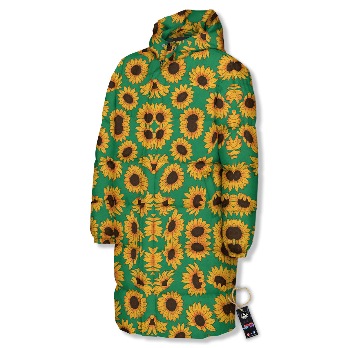 Sunflower Green Print Pattern Long Down Jacket-grizzshop