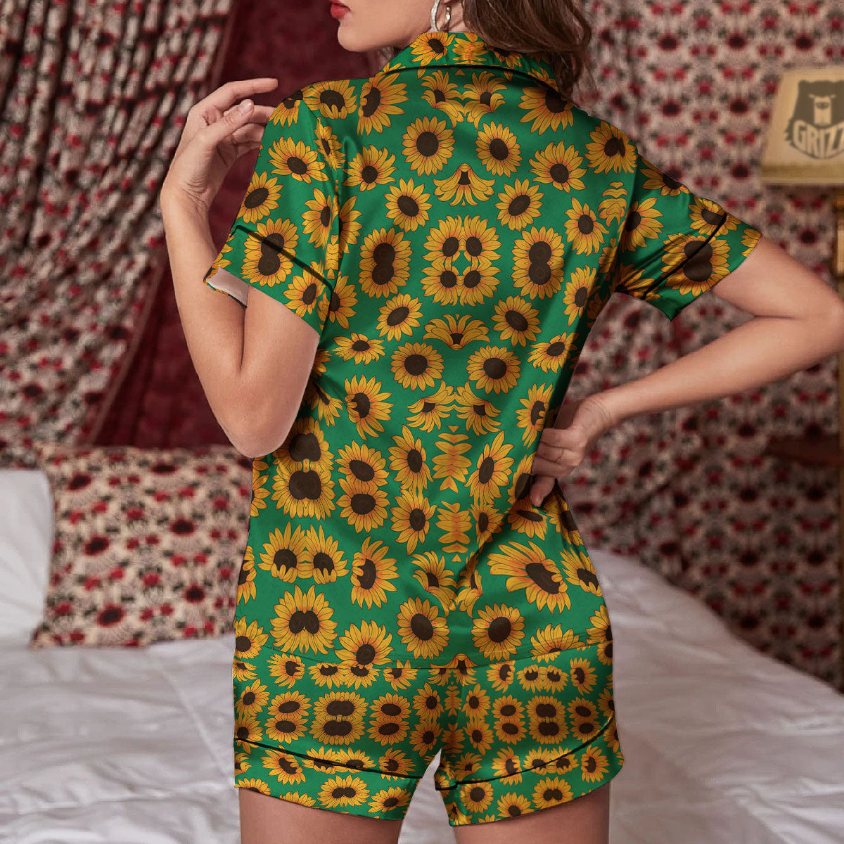 Sunflower Green Print Pattern Women Silk Pajamas-grizzshop
