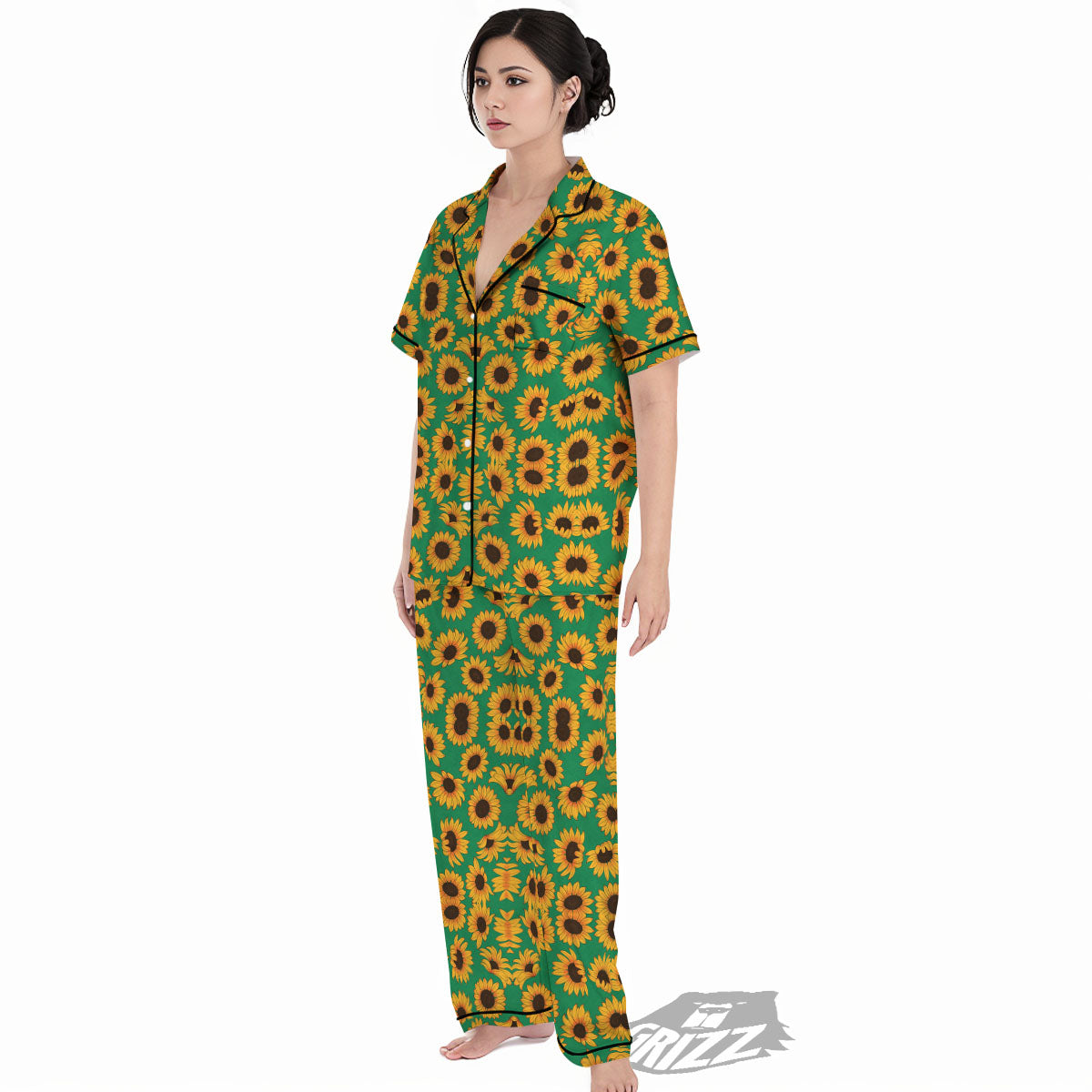 Sunflower Green Print Pattern Women's Pajamas Set-grizzshop