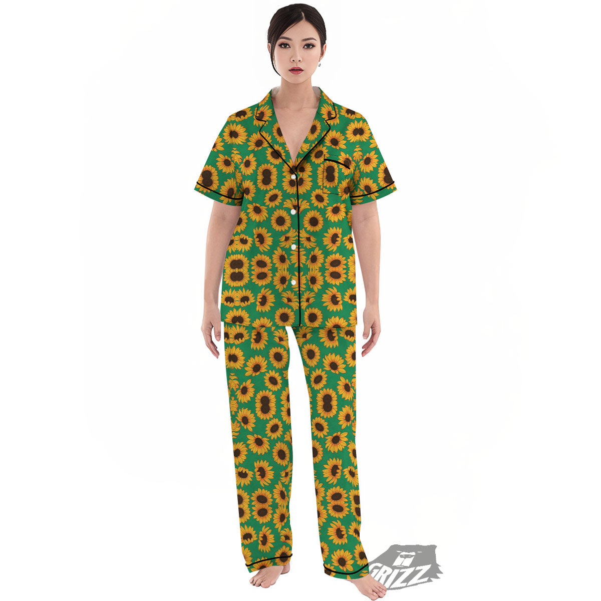 Sunflower Green Print Pattern Women's Pajamas Set-grizzshop