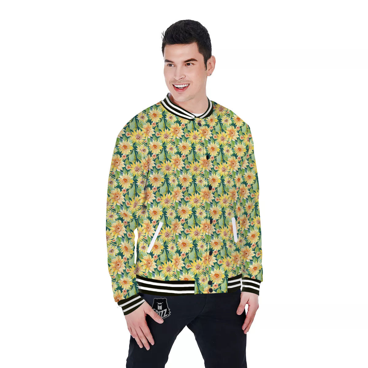 Sunflower Green Watercolor Print Pattern Baseball Jacket-grizzshop