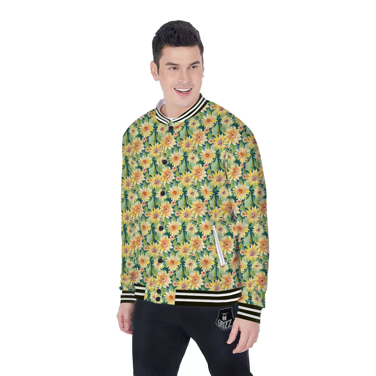Sunflower Green Watercolor Print Pattern Baseball Jacket-grizzshop