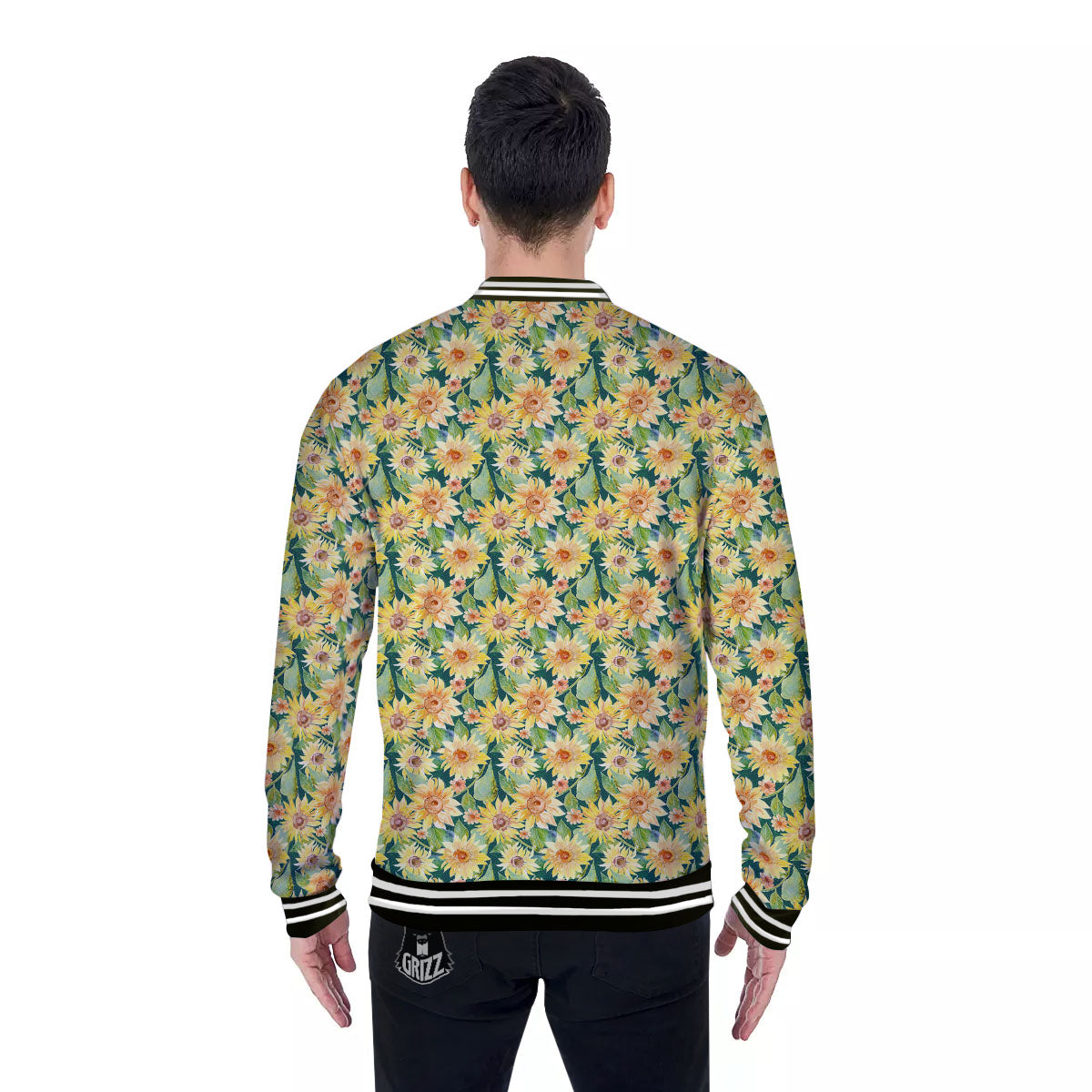Sunflower Green Watercolor Print Pattern Baseball Jacket-grizzshop