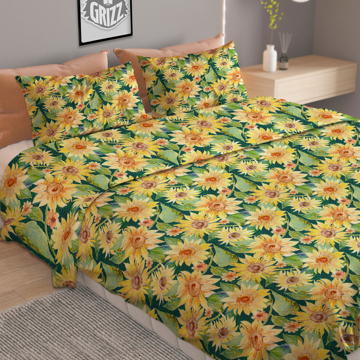 Sunflower Green Watercolor Print Pattern Duvet Cover Bedding Set