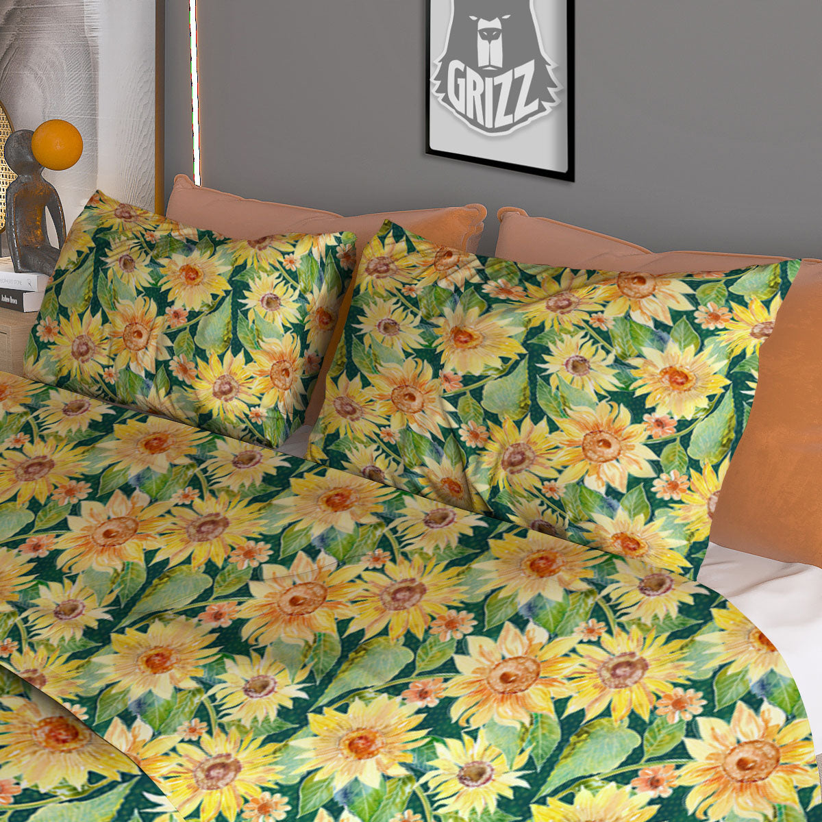 Sunflower Green Watercolor Print Pattern Duvet Cover Bedding Set