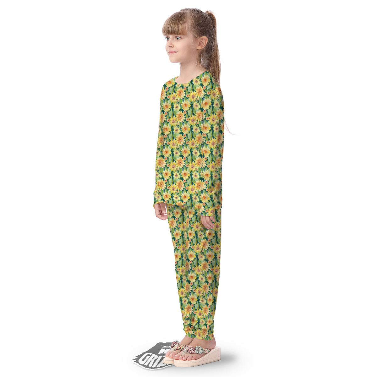 Sunflower Green Watercolor Print Pattern Kid's Pajamas-grizzshop