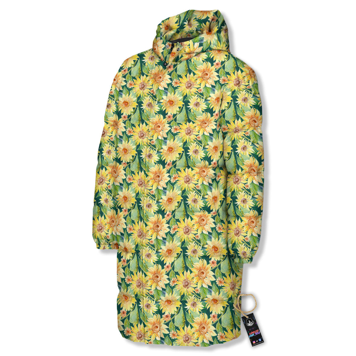 Sunflower Green Watercolor Print Pattern Long Down Jacket-grizzshop