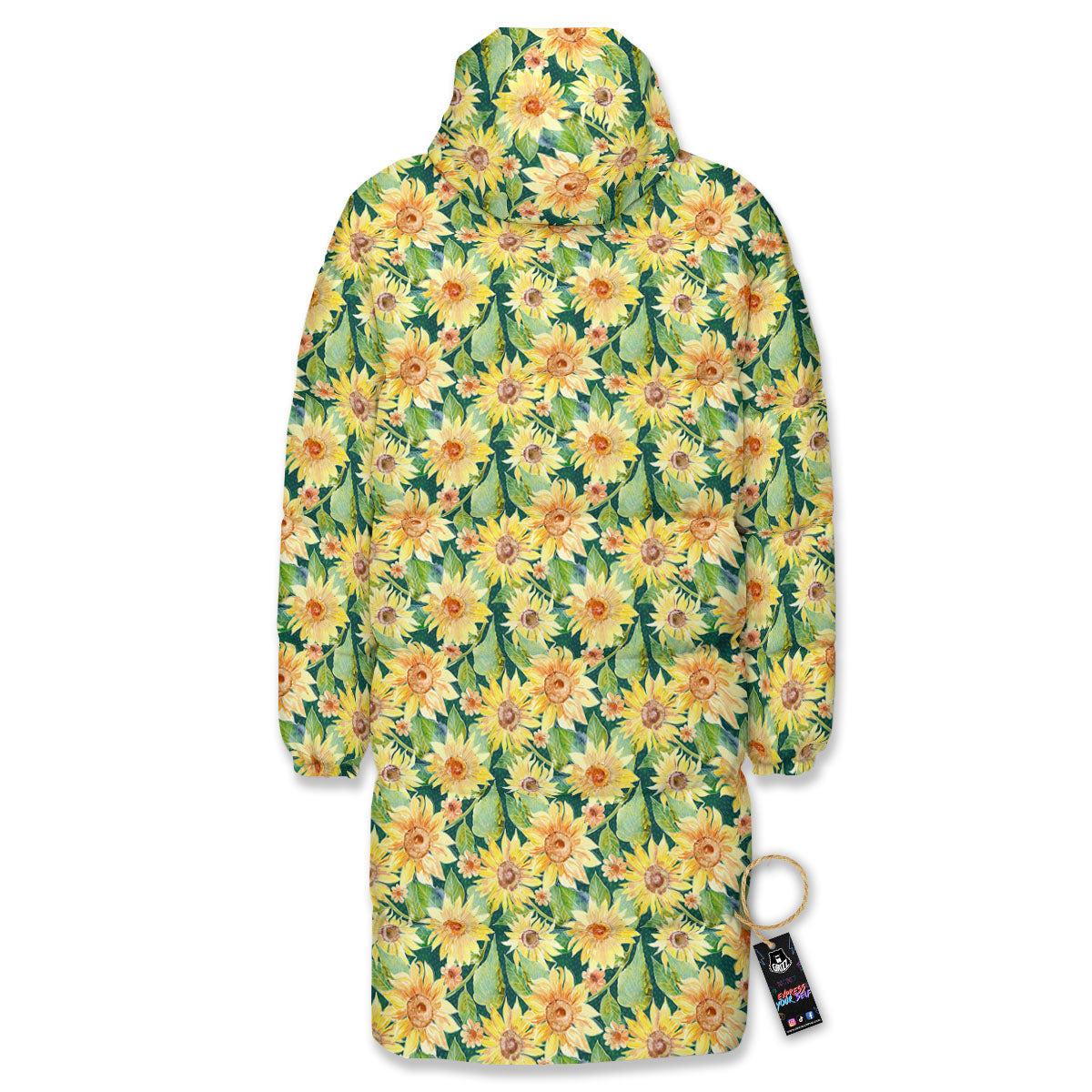 Sunflower Green Watercolor Print Pattern Long Down Jacket-grizzshop