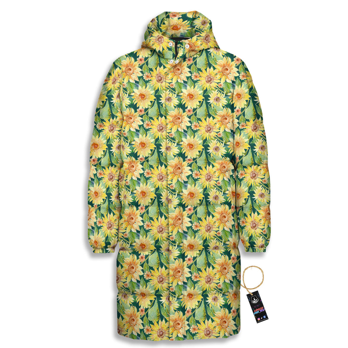 Sunflower Green Watercolor Print Pattern Long Down Jacket-grizzshop