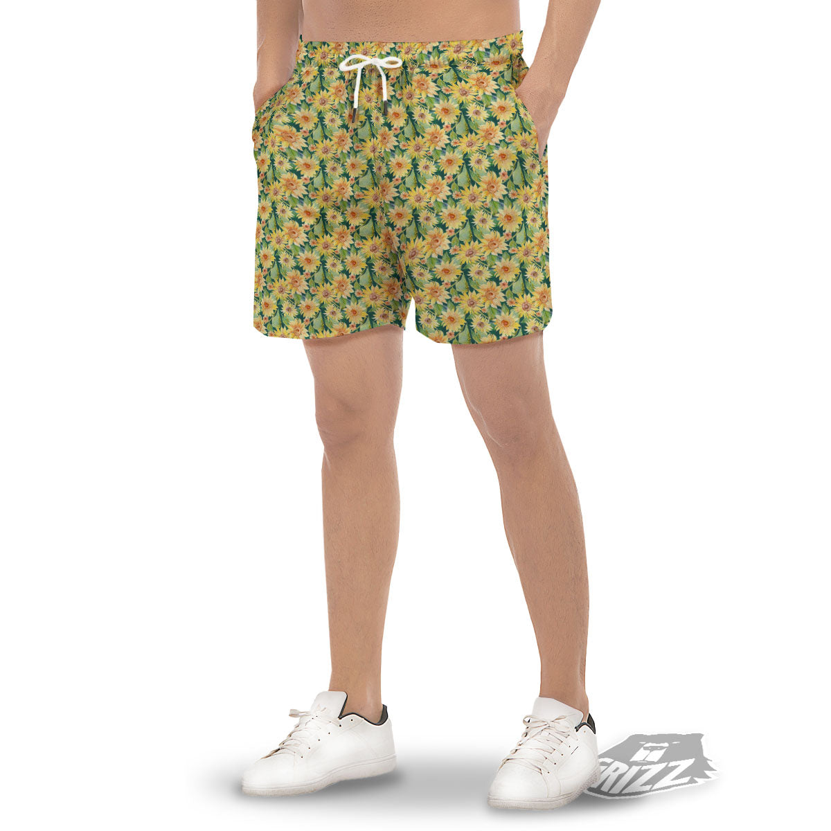Sunflower Green Watercolor Print Pattern Men's Gym Shorts-grizzshop