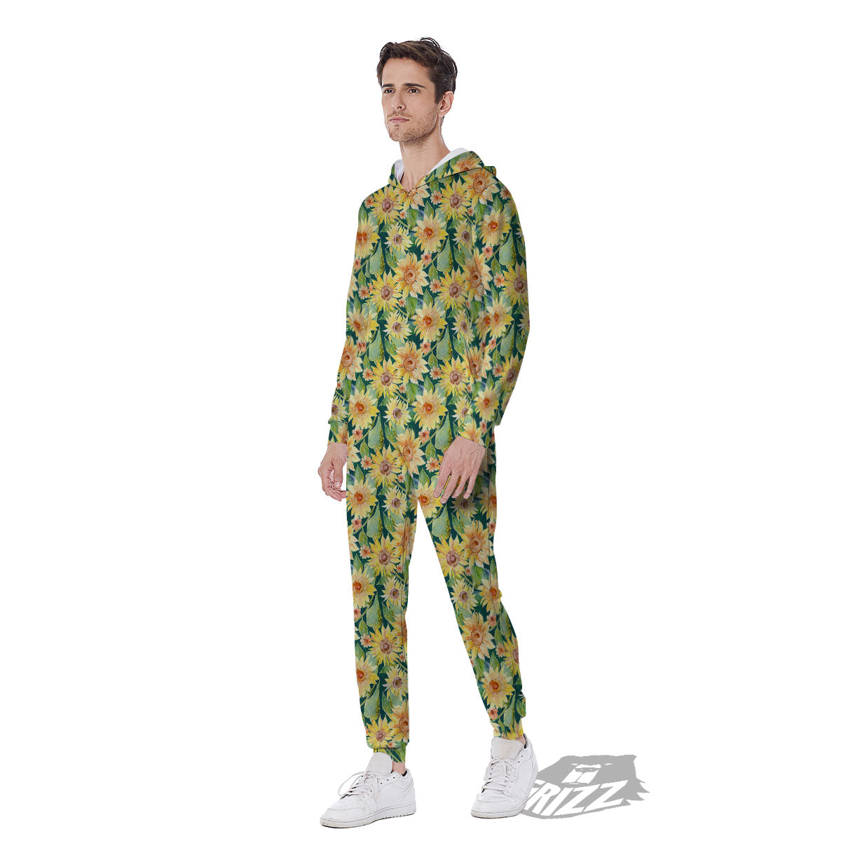 Sunflower Green Watercolor Print Pattern Men's Jumpsuit-grizzshop