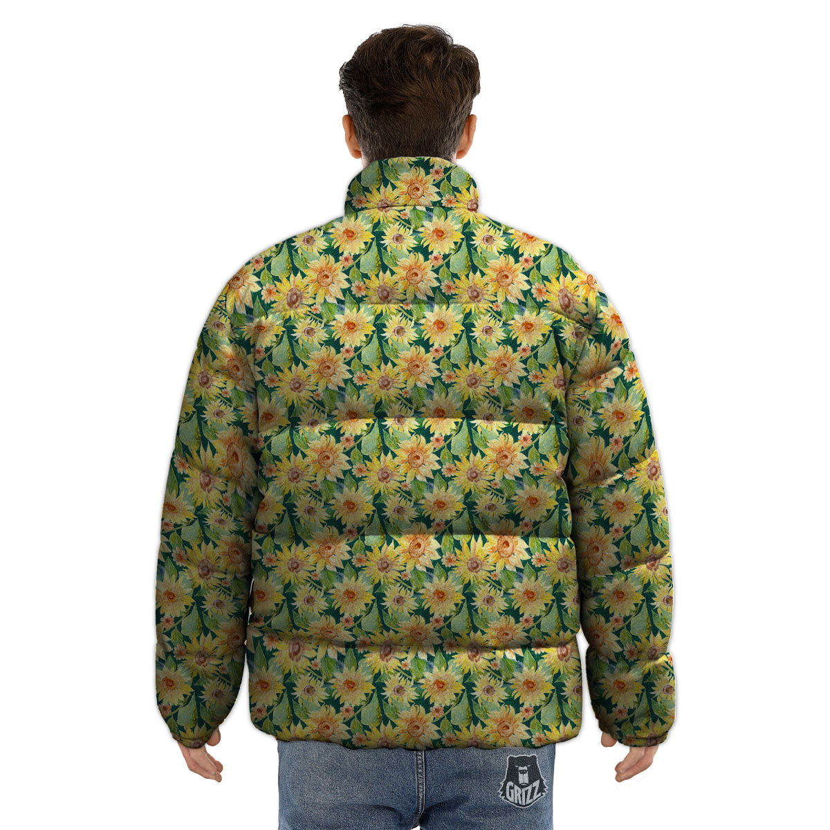 Sunflower Green Watercolor Print Pattern Puffer Jacket-grizzshop