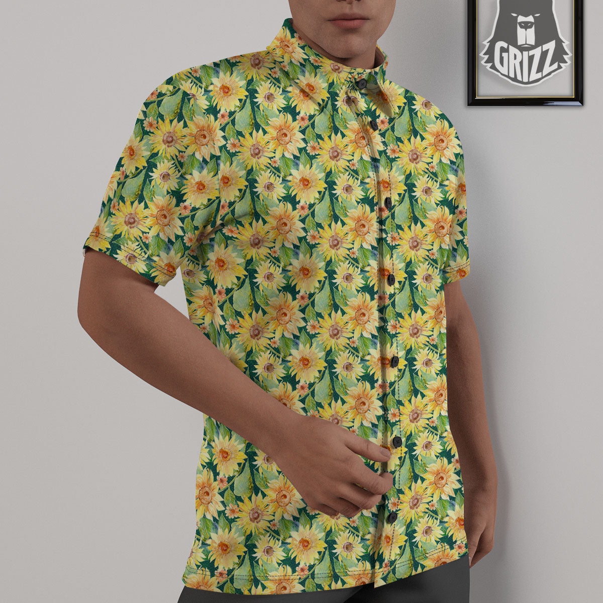 Sunflower Green Watercolor Print Pattern Untucked Shirts-grizzshop