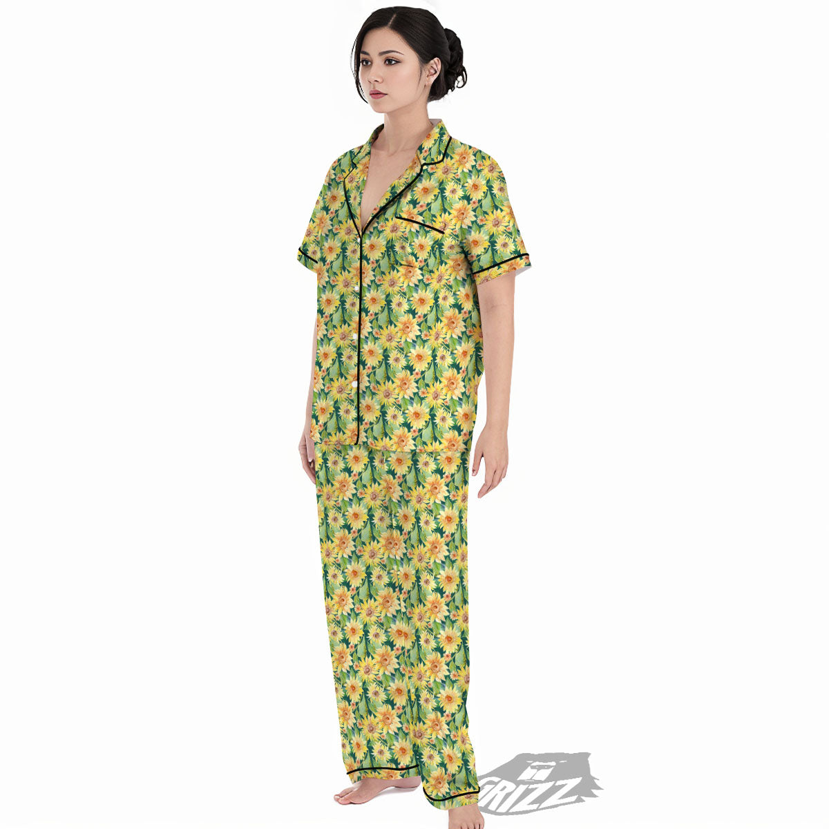 Sunflower Green Watercolor Print Pattern Women's Pajamas Set-grizzshop