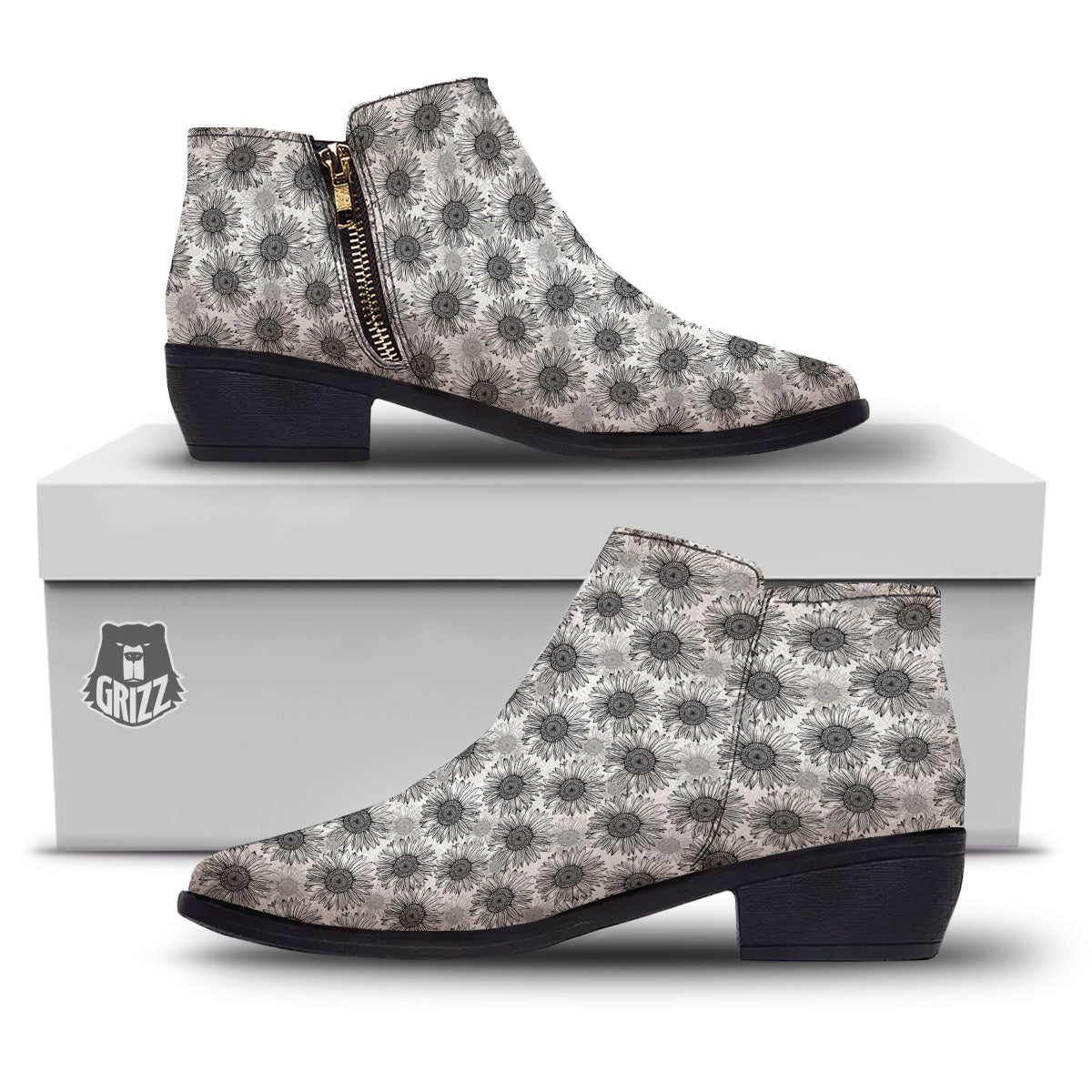 Sunflower Hand Drawn Print Pattern Ankle Boots-grizzshop