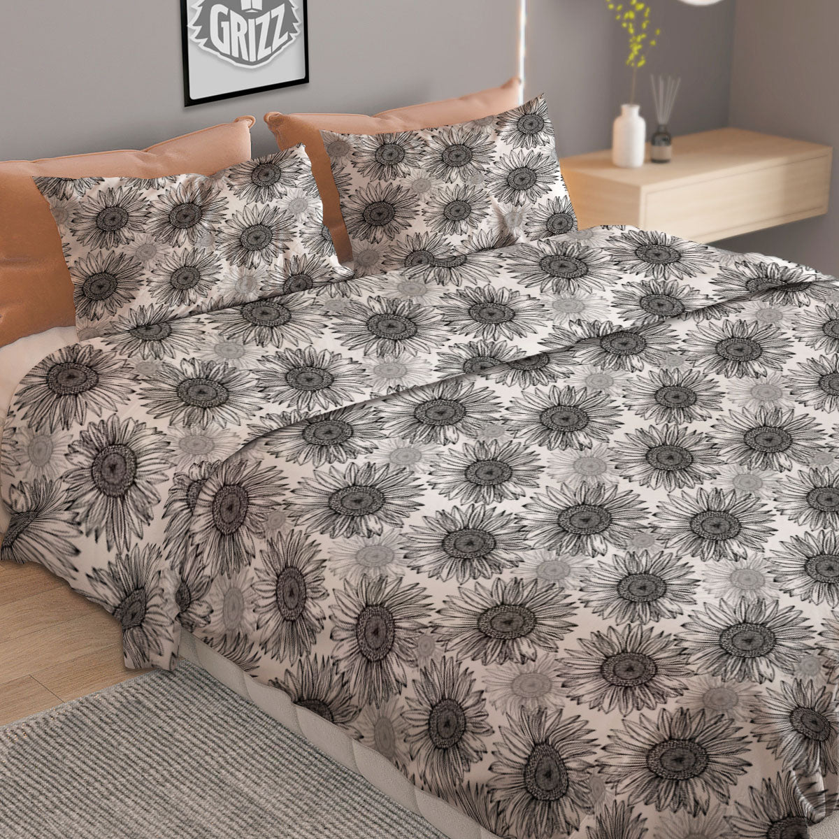 Sunflower Hand Drawn Print Pattern Duvet Cover Bedding Set