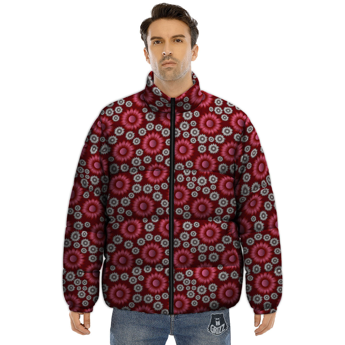 Sunflower Magenta Pink Print Pattern Puffer Jacket-grizzshop