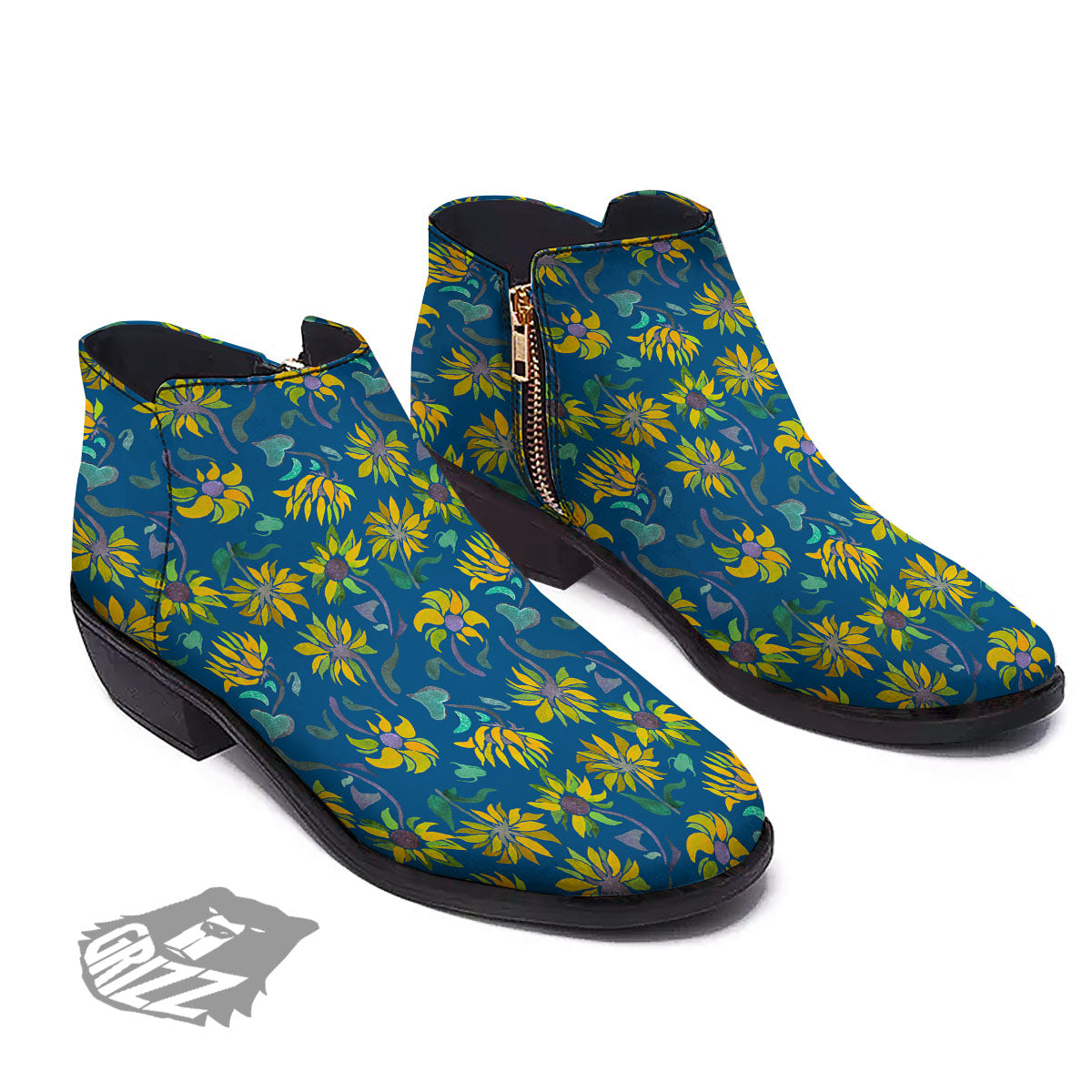 Sunflower Navy Print Pattern Ankle Boots-grizzshop