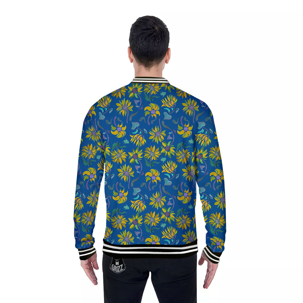Sunflower Navy Print Pattern Baseball Jacket-grizzshop