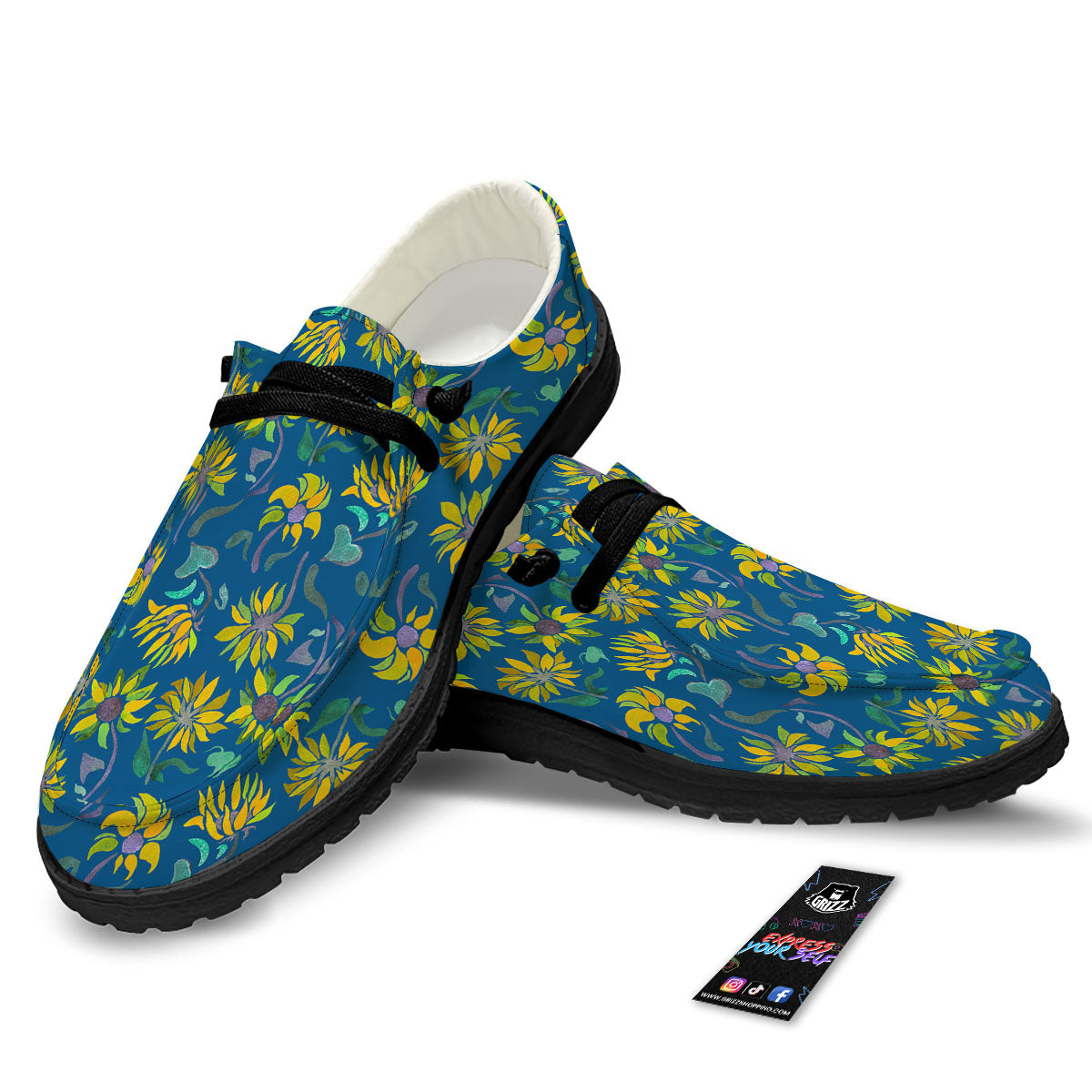 Sunflower Navy Print Pattern Black Loafers-grizzshop