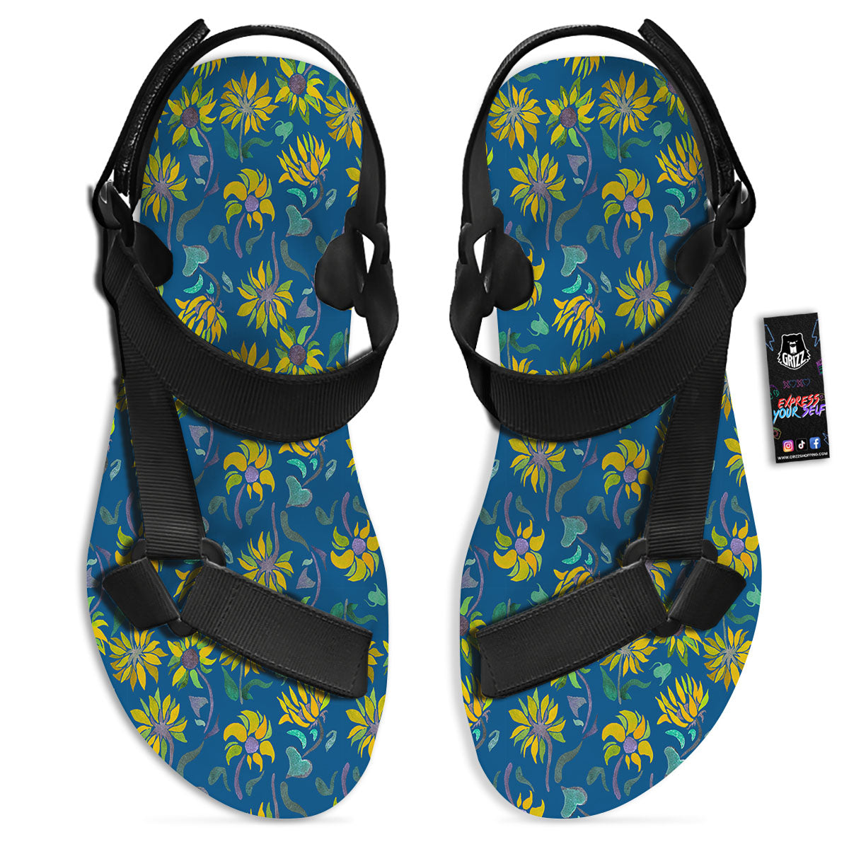 Sunflower Navy Print Pattern Black Open Toe Sandals-grizzshop