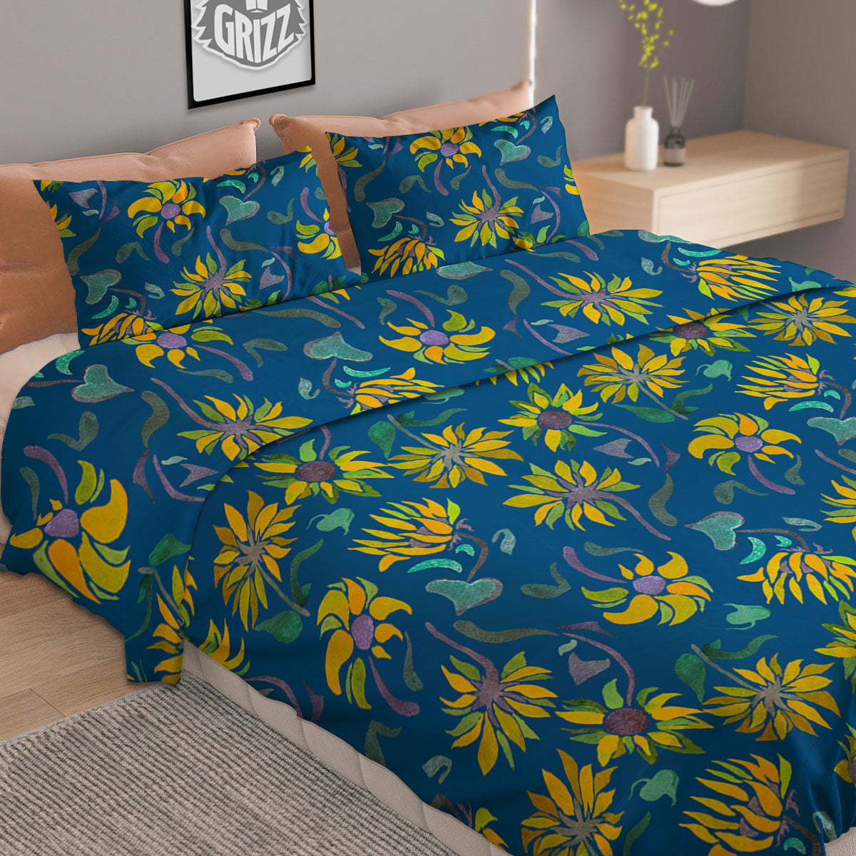 Sunflower Navy Print Pattern Duvet Cover Bedding Set