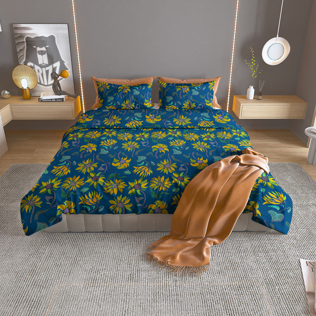Sunflower Navy Print Pattern Duvet Cover Bedding Set