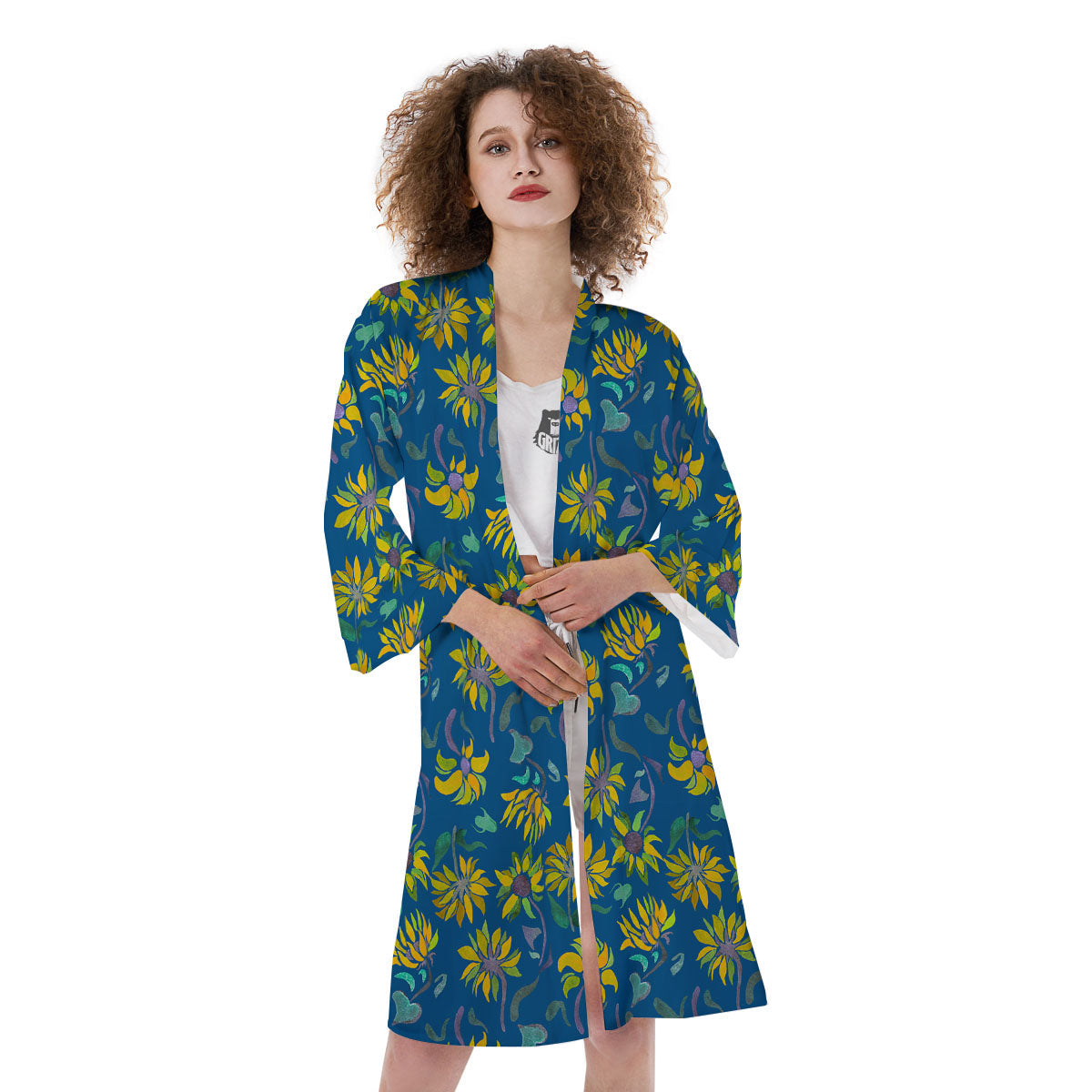 Sunflower Navy Print Pattern Kimono-grizzshop