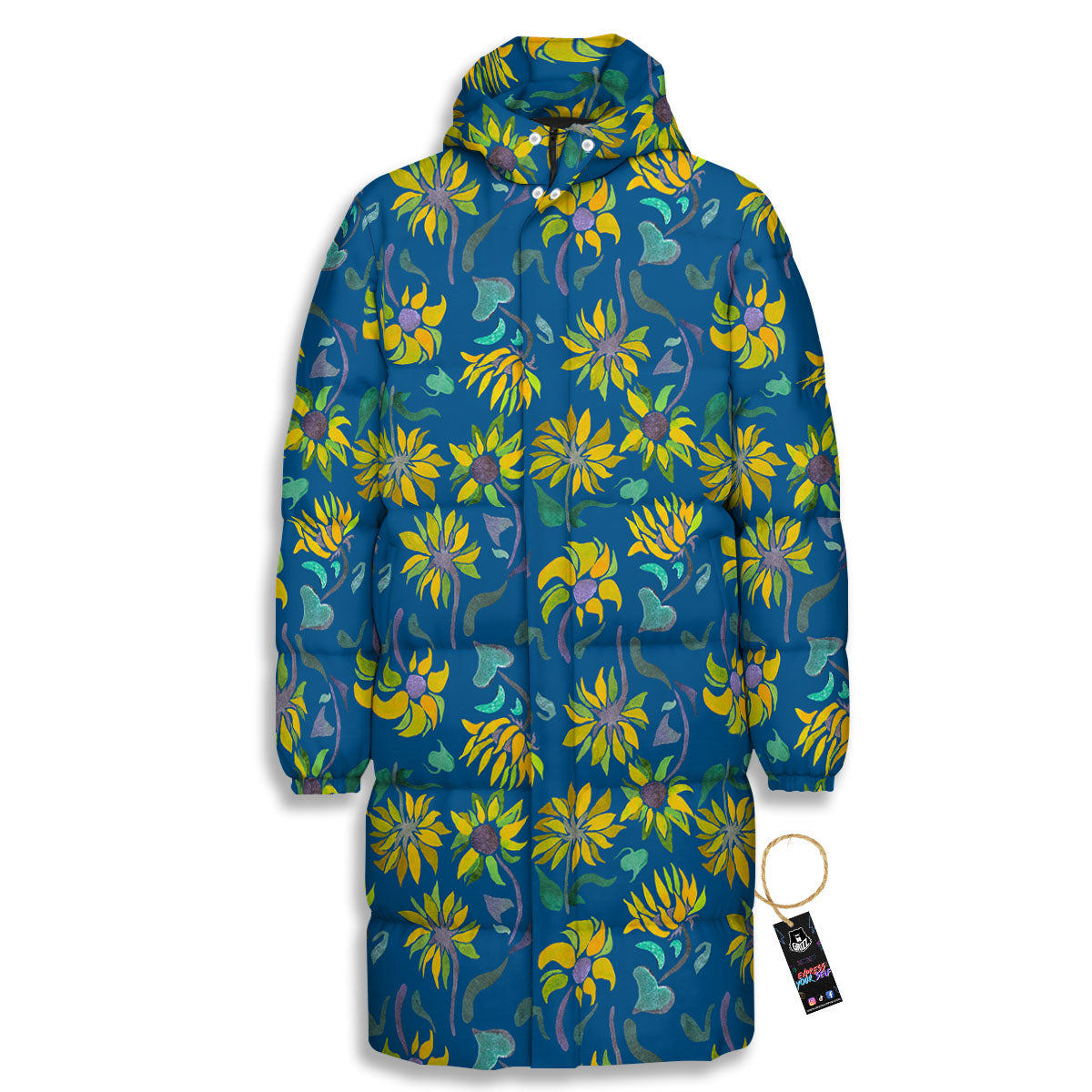 Sunflower Navy Print Pattern Long Down Jacket-grizzshop