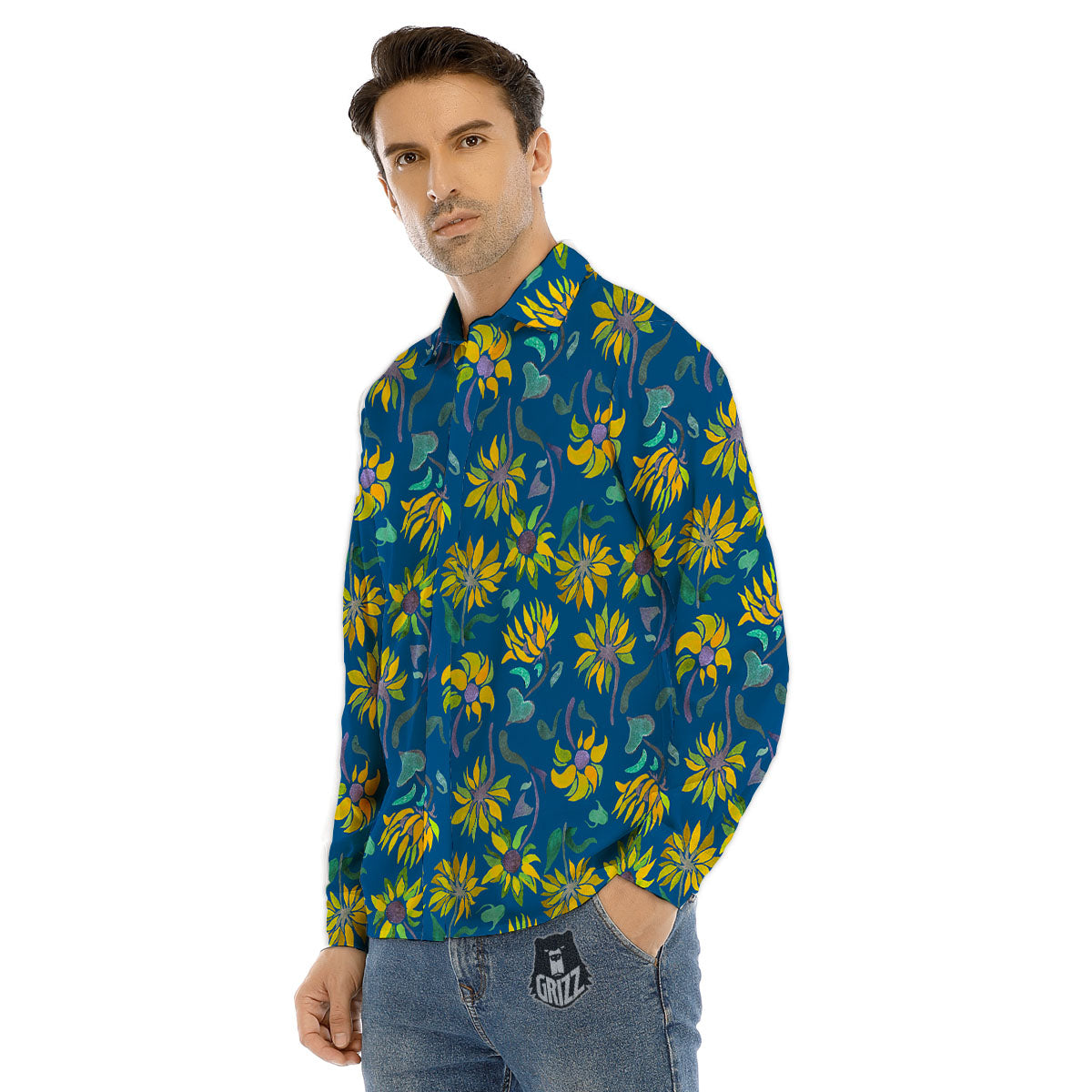 Sunflower Navy Print Pattern Men's Dress Shirts-grizzshop