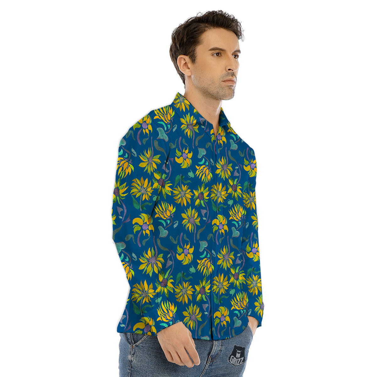 Sunflower Navy Print Pattern Men's Dress Shirts-grizzshop