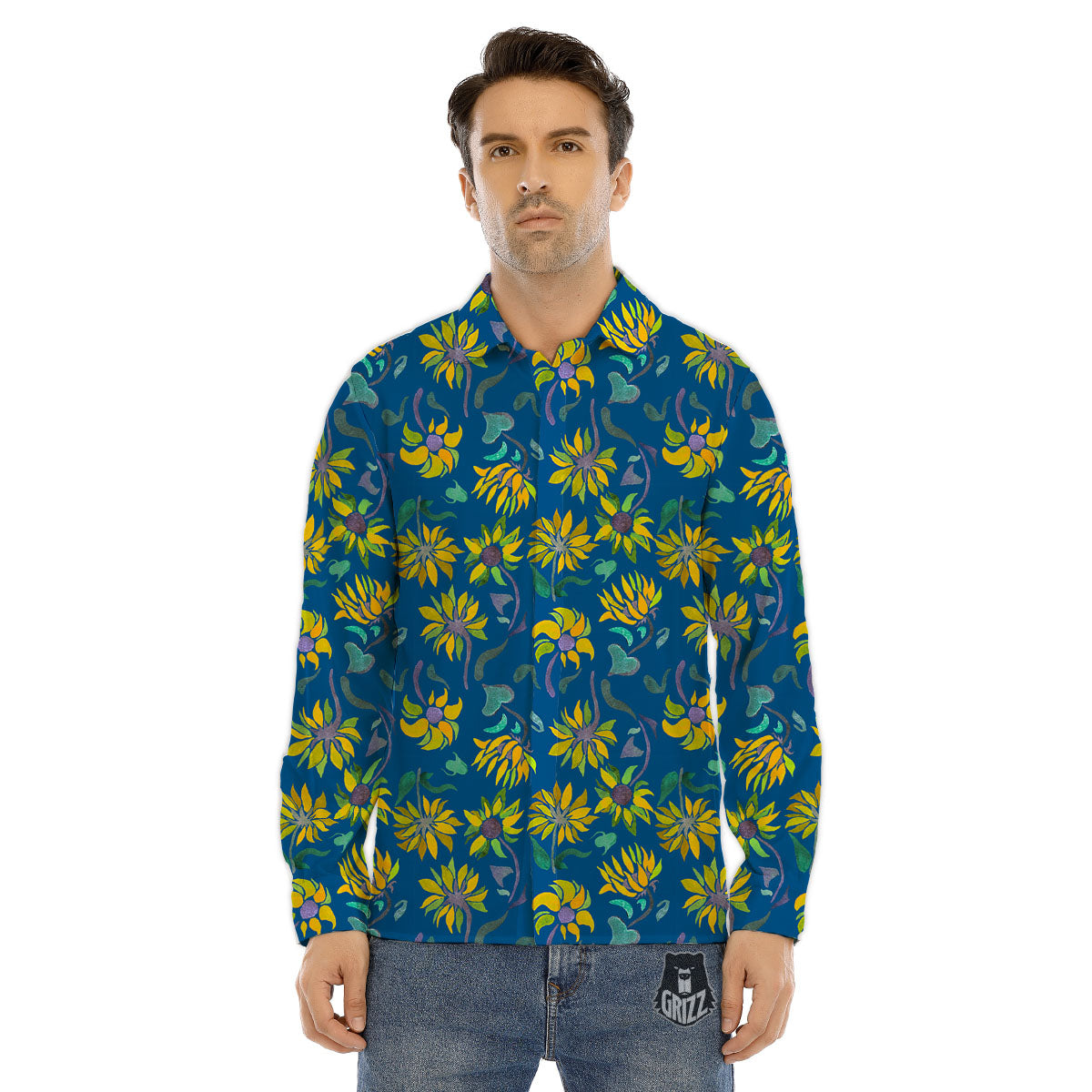 Sunflower Navy Print Pattern Men's Dress Shirts-grizzshop