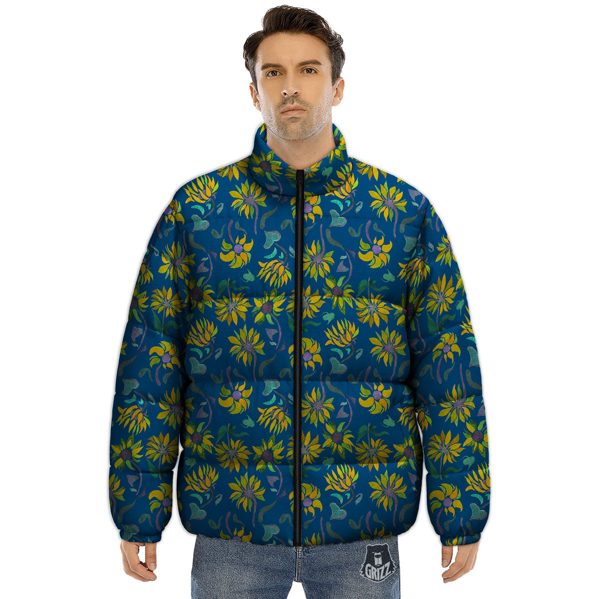 Sunflower Navy Print Pattern Puffer Jacket-grizzshop
