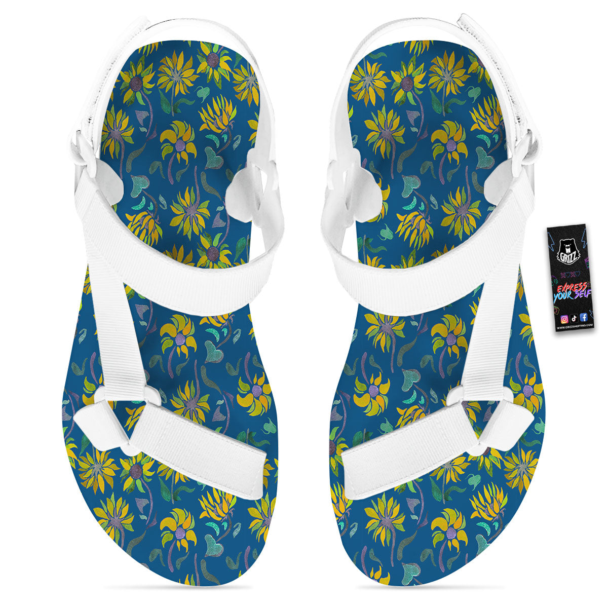 Sunflower Navy Print Pattern White Open Toe Sandals-grizzshop