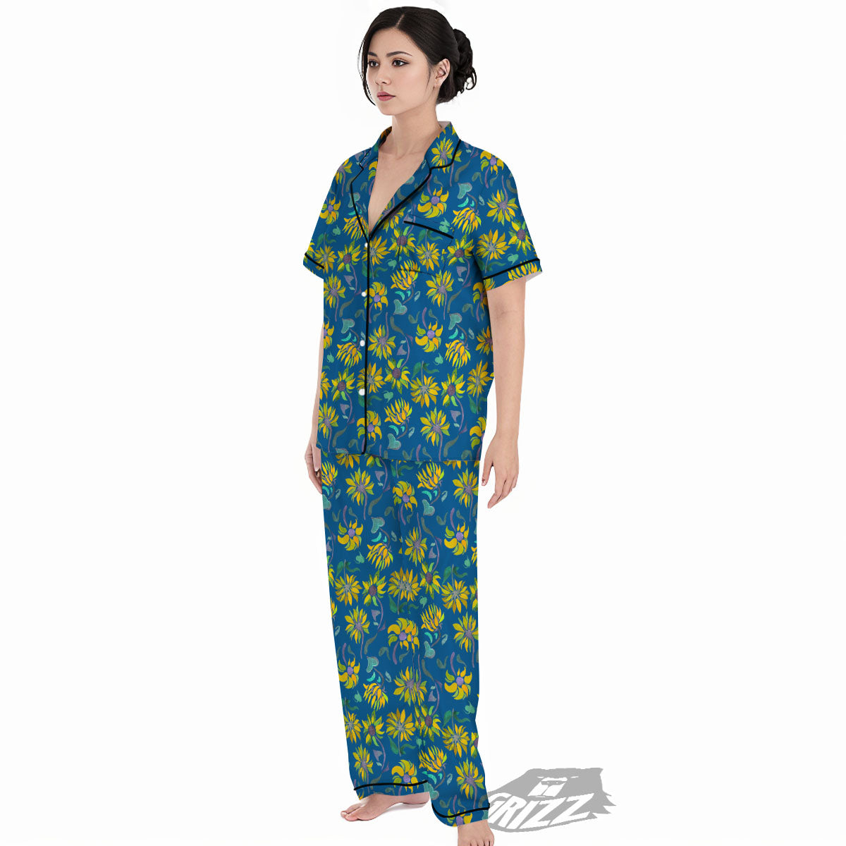 Sunflower Navy Print Pattern Women's Pajamas Set-grizzshop