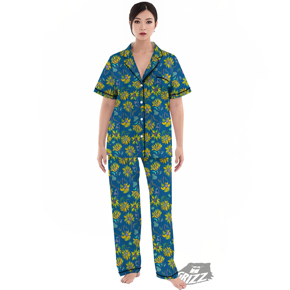 Sunflower Navy Print Pattern Women's Pajamas Set-grizzshop