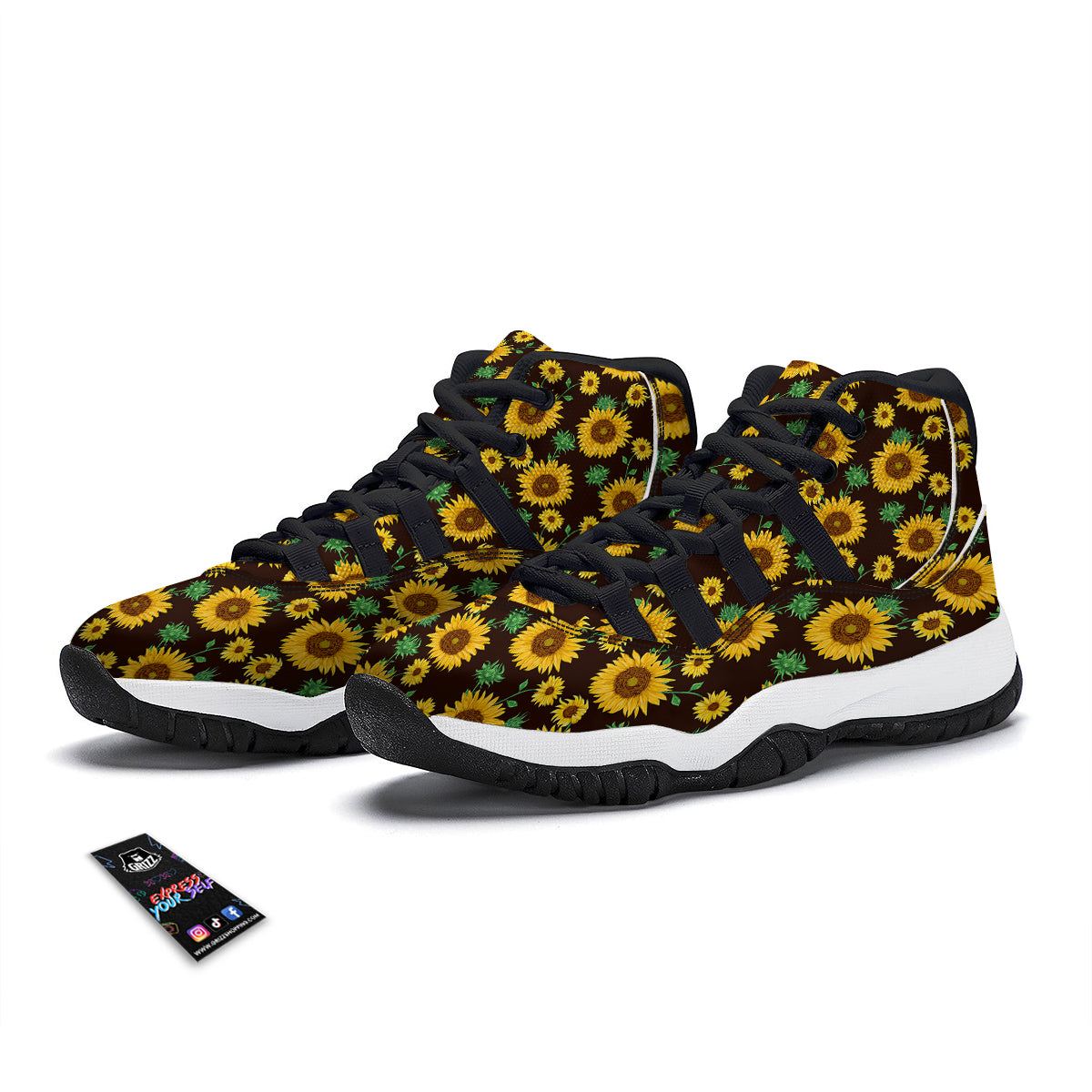 Sunflower Pattern Print Black Bball Shoes-grizzshop