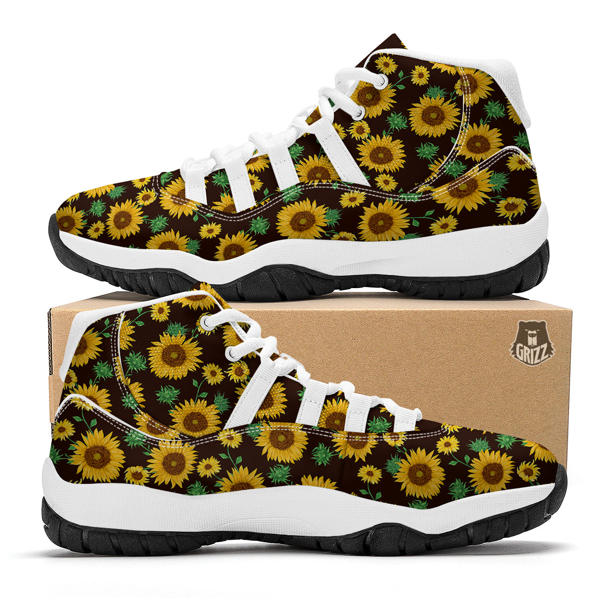 Sunflower Pattern Print White Bball Shoes-grizzshop