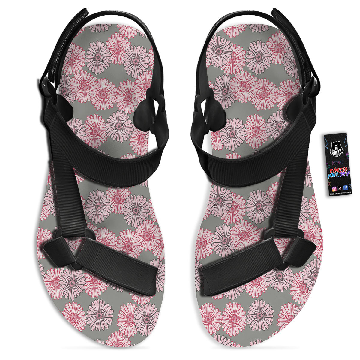 Sunflower Pink Print Pattern Black Open Toe Sandals-grizzshop