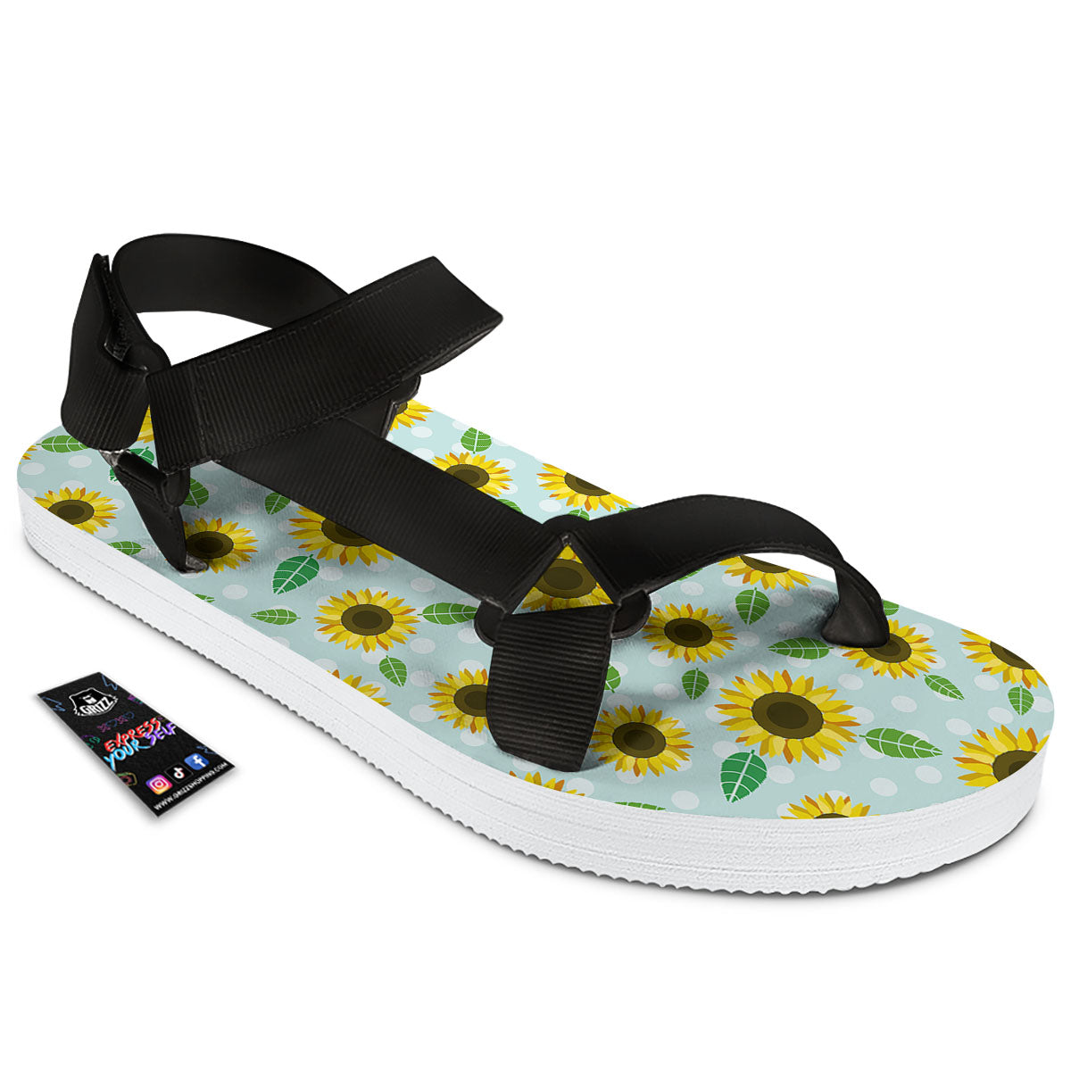 Sunflower Polka Dot Print Pattern Black Open Toe Sandals-grizzshop