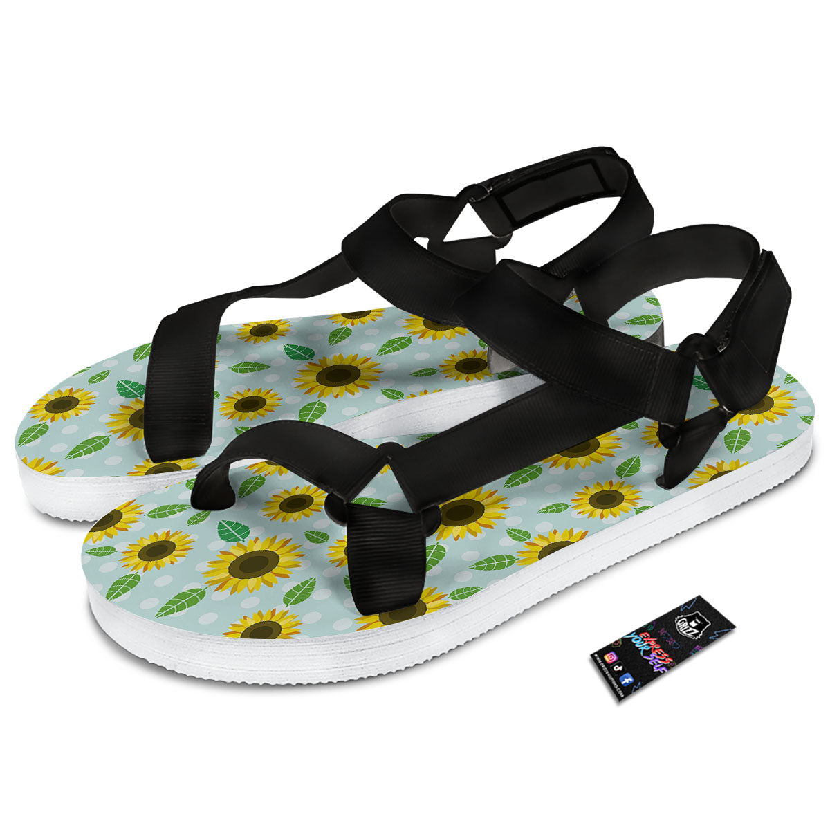 Sunflower Polka Dot Print Pattern Black Open Toe Sandals-grizzshop
