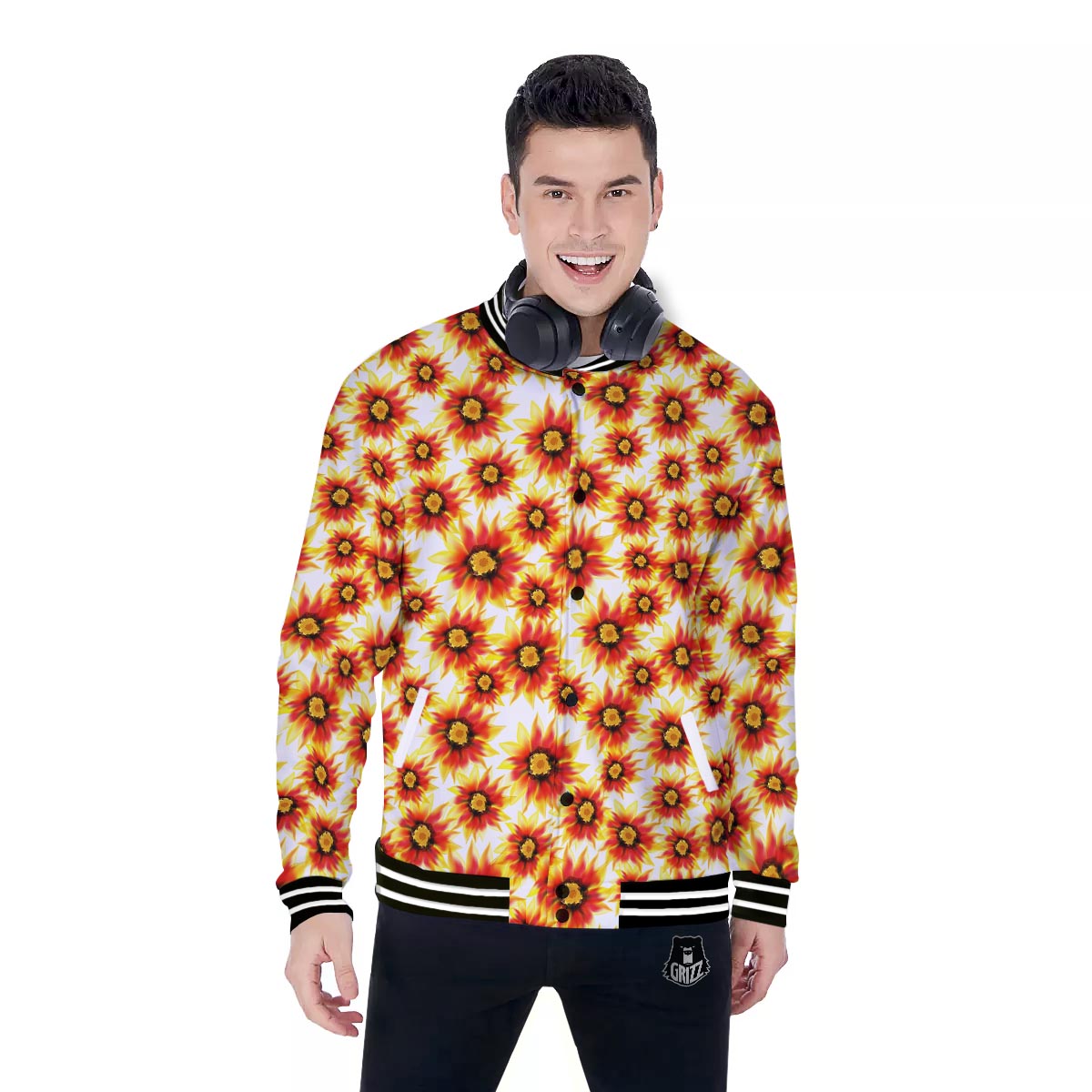 Sunflower Red Autumn Print Pattern Baseball Jacket-grizzshop