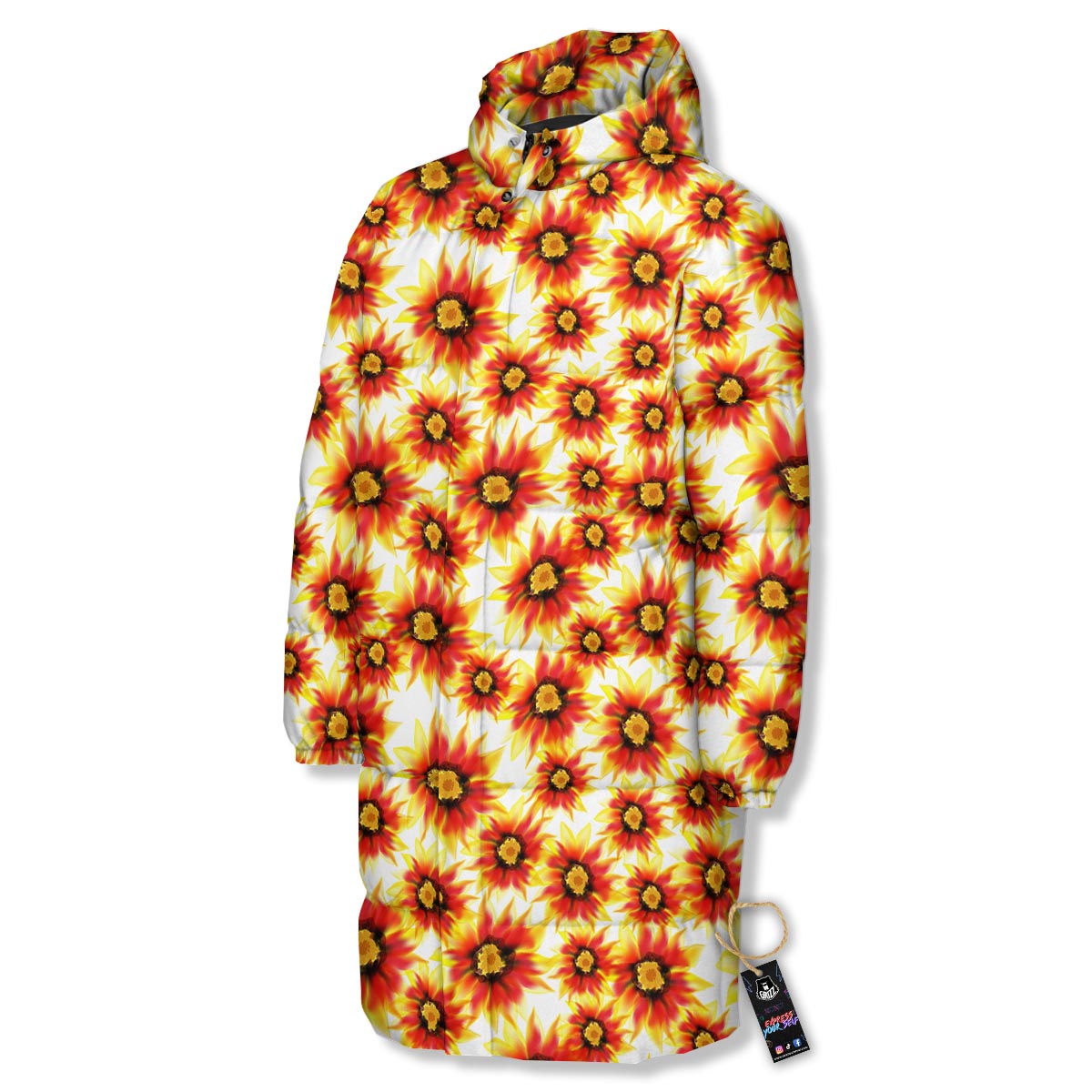 Sunflower Red Autumn Print Pattern Long Down Jacket-grizzshop