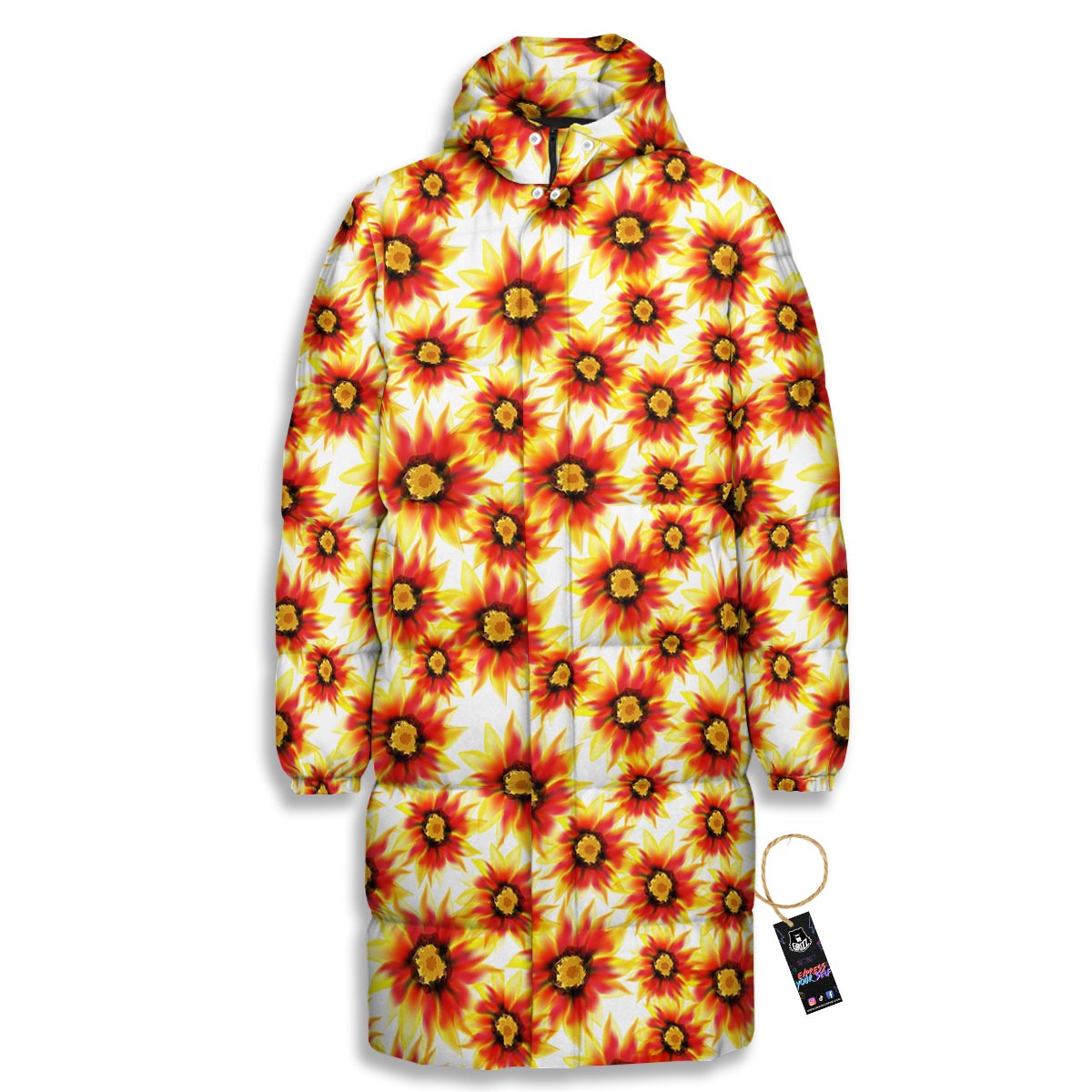 Sunflower Red Autumn Print Pattern Long Down Jacket-grizzshop